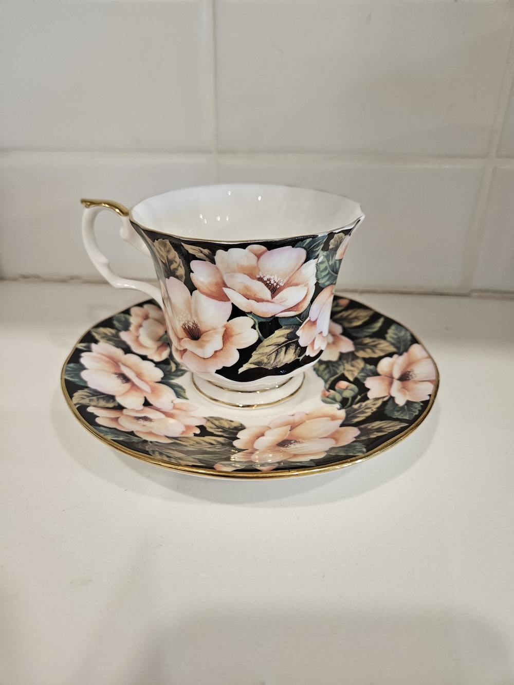 Queens England Floral Teacup and Saucer Midnight Bloom Rare